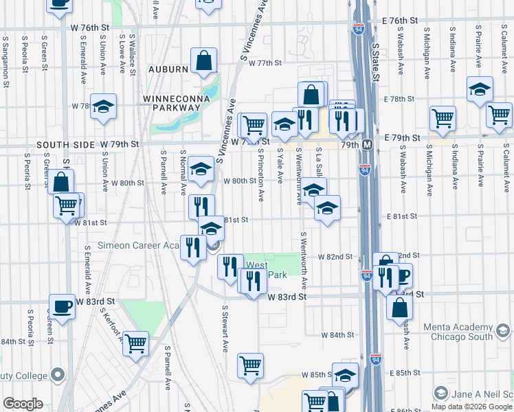 map of restaurants, bars, coffee shops, grocery stores, and more near 8033 South Princeton Avenue in Chicago