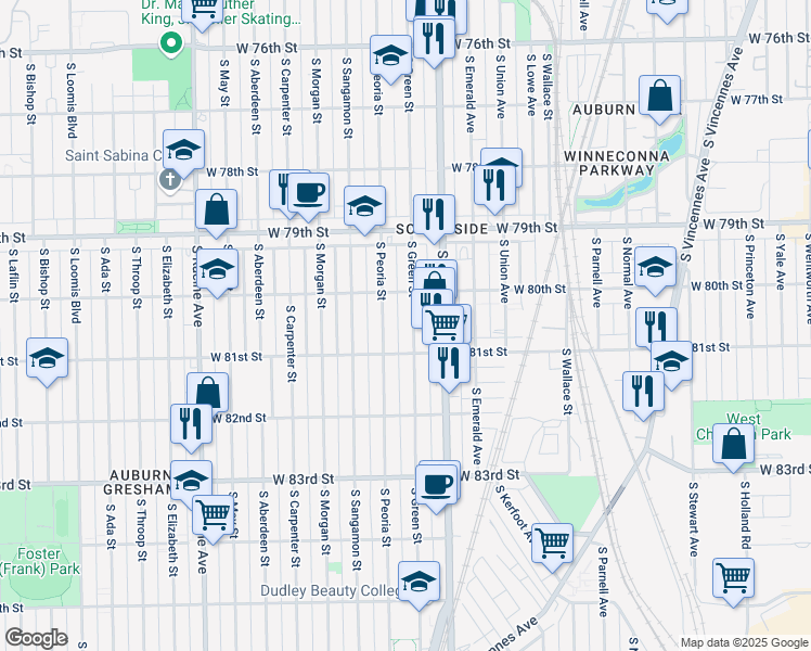map of restaurants, bars, coffee shops, grocery stores, and more near 8027 South Green Street in Chicago