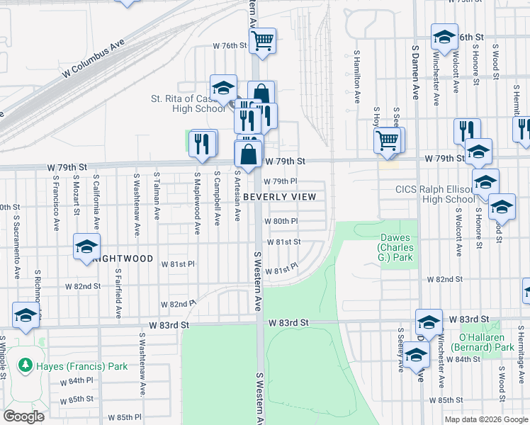 map of restaurants, bars, coffee shops, grocery stores, and more near 8001 South Western Avenue in Chicago