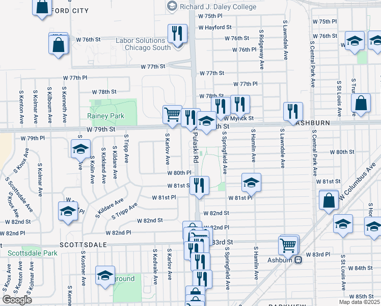 map of restaurants, bars, coffee shops, grocery stores, and more near 7947 South Komensky Avenue in Chicago