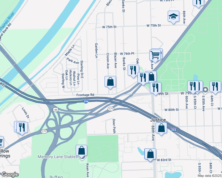 map of restaurants, bars, coffee shops, grocery stores, and more near 7851 Cronin Avenue in Justice