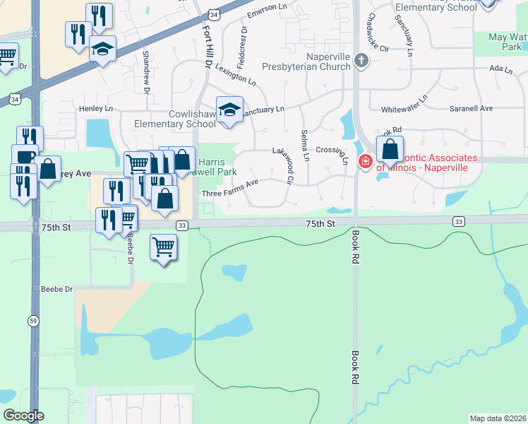 map of restaurants, bars, coffee shops, grocery stores, and more near 1251 Lakewood Circle in Naperville