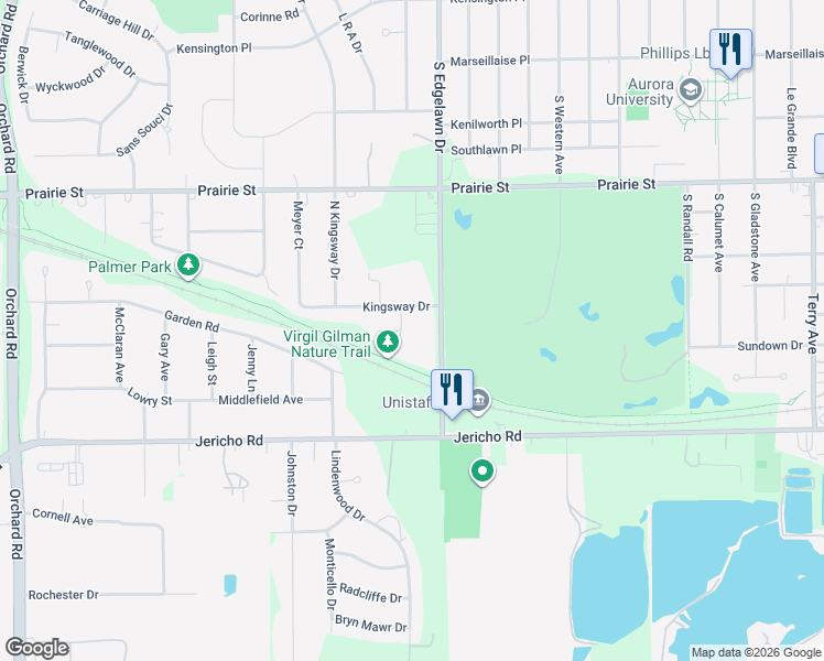map of restaurants, bars, coffee shops, grocery stores, and more near 720 Kingsway Court in Aurora