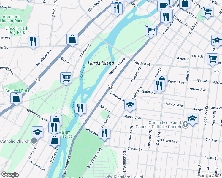 map of restaurants, bars, coffee shops, grocery stores, and more near 524 South Broadway in Aurora