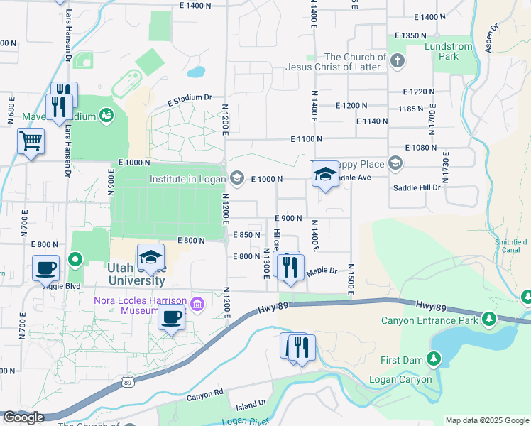 map of restaurants, bars, coffee shops, grocery stores, and more near 1295 East 900 North in Logan