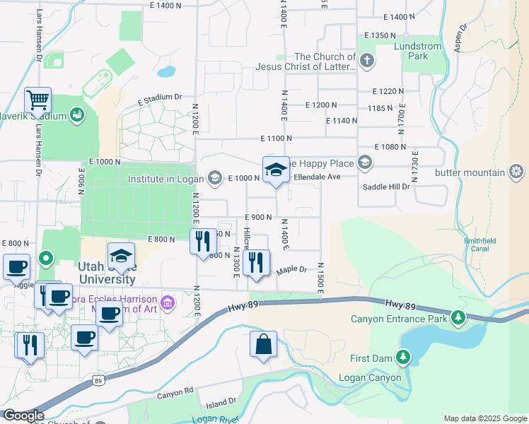 map of restaurants, bars, coffee shops, grocery stores, and more near 1371 East 900 North in Logan