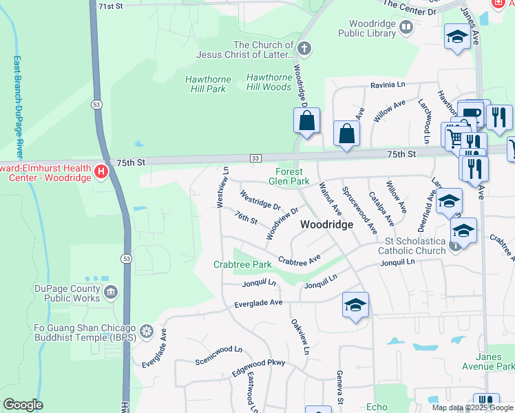 map of restaurants, bars, coffee shops, grocery stores, and more near 2935 Westridge Drive in Woodridge