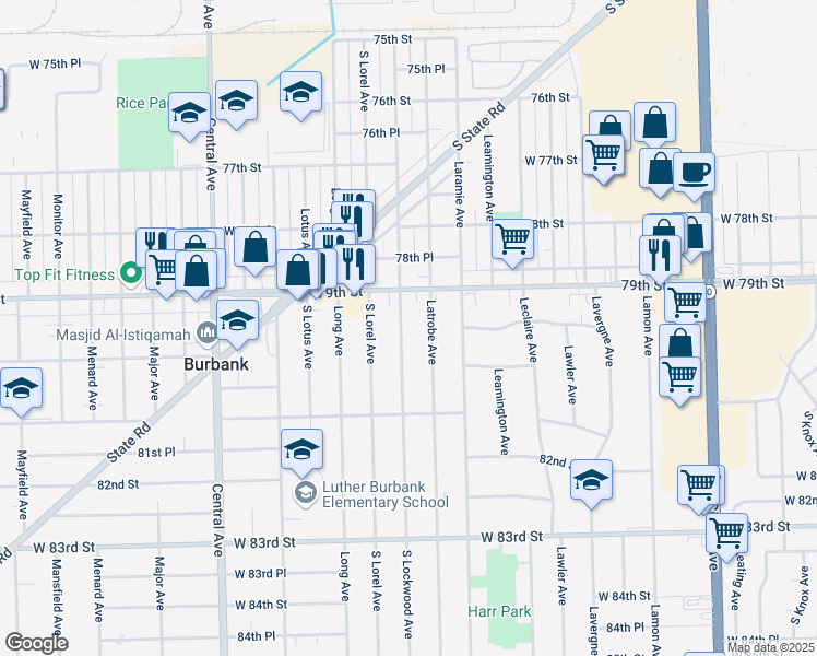 map of restaurants, bars, coffee shops, grocery stores, and more near 7927 South Lockwood Avenue in Burbank