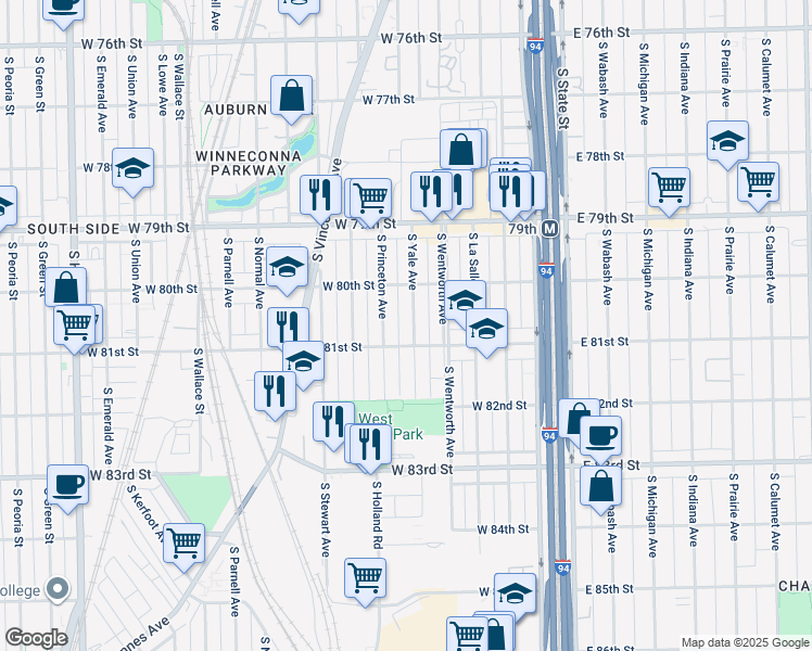 map of restaurants, bars, coffee shops, grocery stores, and more near 8033 South Princeton Avenue in Chicago
