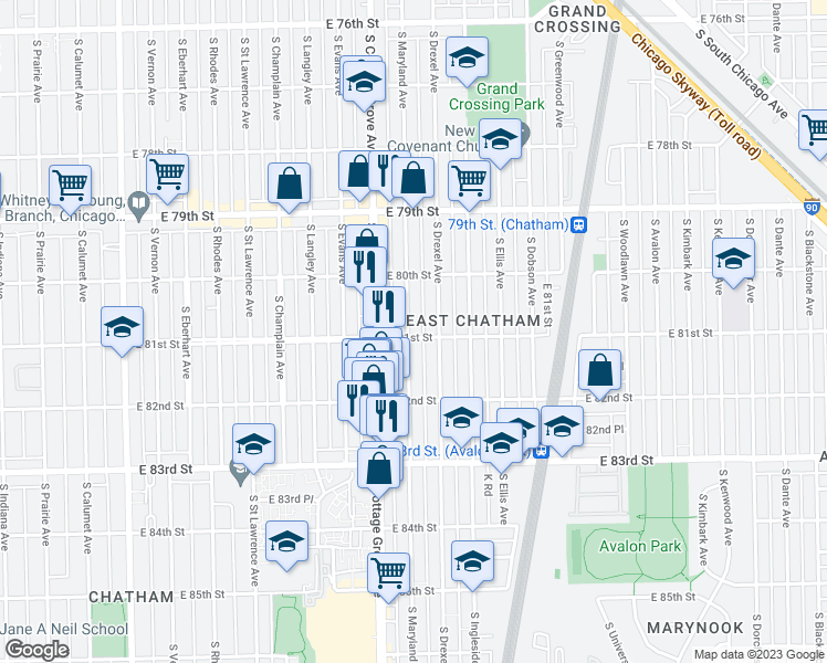 map of restaurants, bars, coffee shops, grocery stores, and more near 842 East 81st Street in Chicago