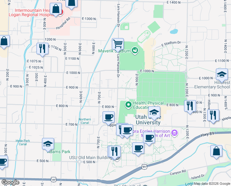map of restaurants, bars, coffee shops, grocery stores, and more near 899 North 800 East in Logan