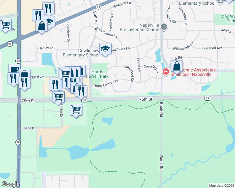 map of restaurants, bars, coffee shops, grocery stores, and more near 1251 Lakewood Circle in Naperville