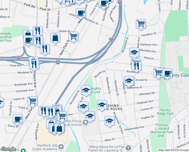 map of restaurants, bars, coffee shops, grocery stores, and more near 244 Bonner Street in Hartford