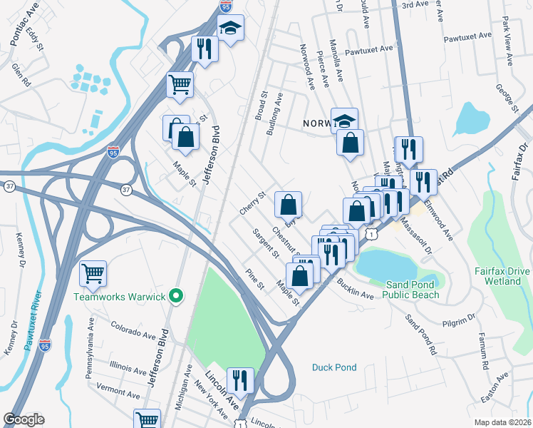 map of restaurants, bars, coffee shops, grocery stores, and more near 337 Elm Street in Warwick