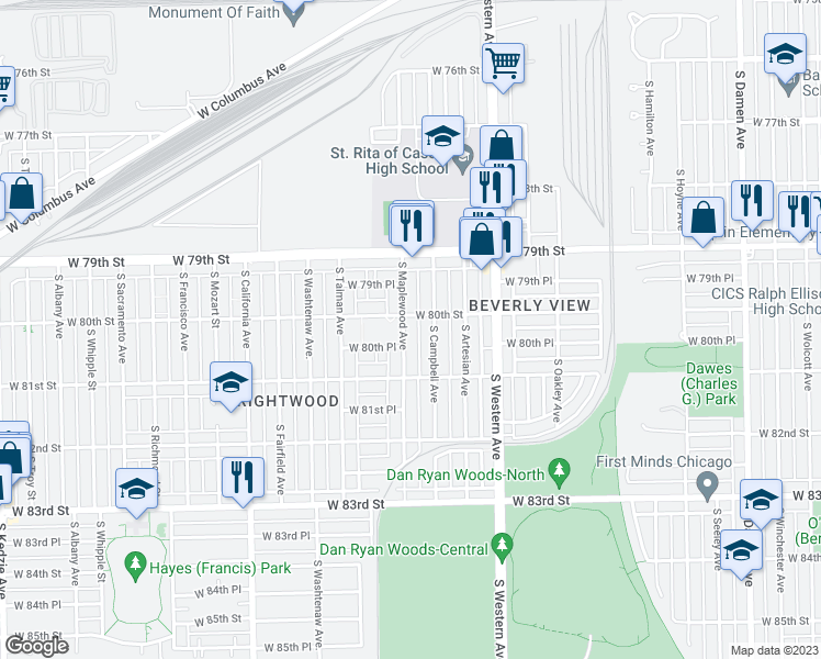 map of restaurants, bars, coffee shops, grocery stores, and more near 8011 South Maplewood Avenue in Chicago