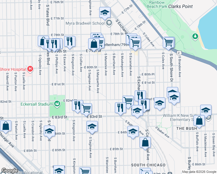 map of restaurants, bars, coffee shops, grocery stores, and more near 8111 South Manistee Avenue in Chicago