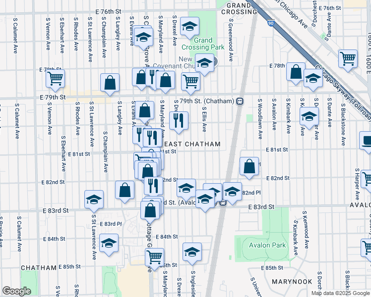 map of restaurants, bars, coffee shops, grocery stores, and more near 914 East 81st Street in Chicago