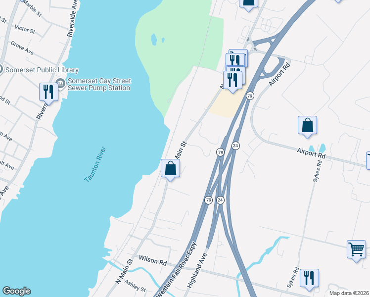 map of restaurants, bars, coffee shops, grocery stores, and more near 3850 North Main Street in Fall River