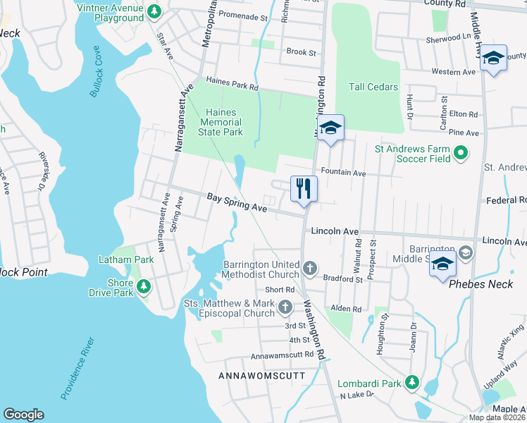 map of restaurants, bars, coffee shops, grocery stores, and more near 85 Bay Spring Avenue in Barrington