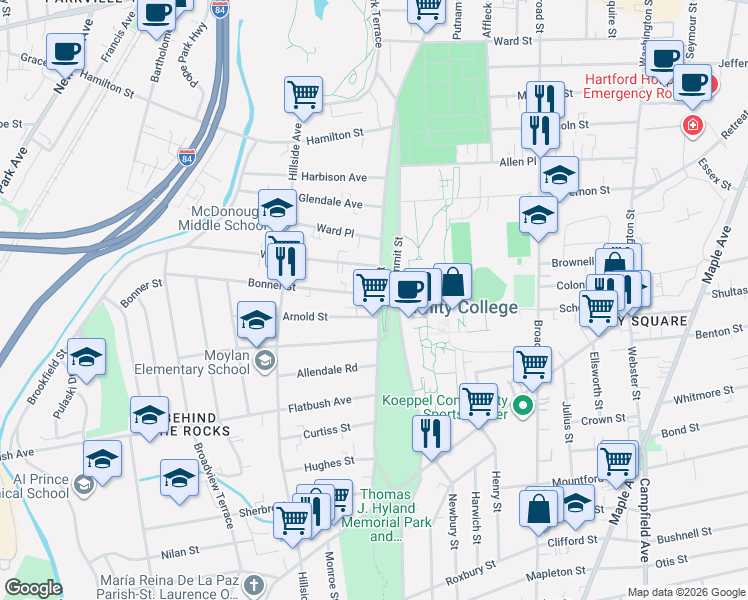map of restaurants, bars, coffee shops, grocery stores, and more near 9 Bonner Street in Hartford