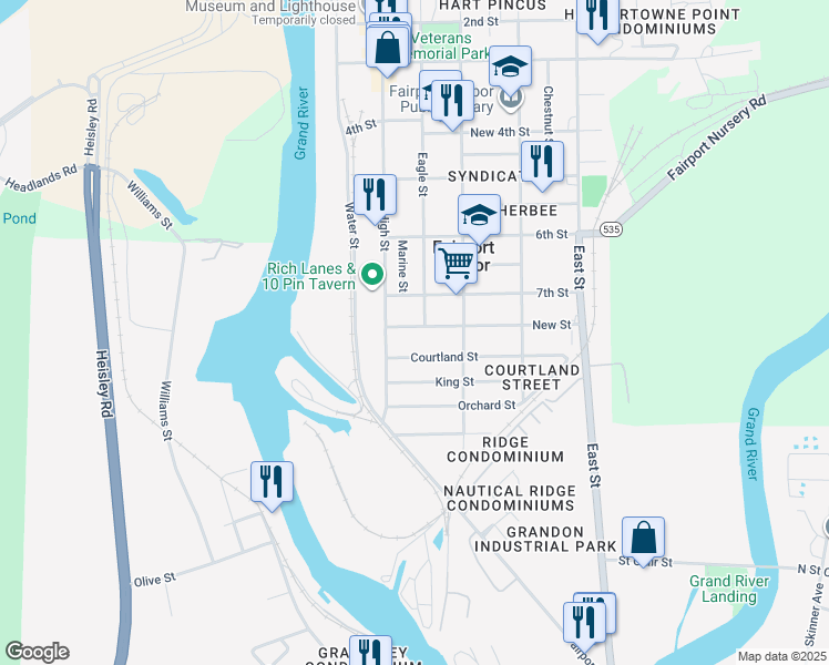 map of restaurants, bars, coffee shops, grocery stores, and more near 220 New Street in Fairport Harbor