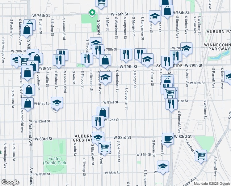 map of restaurants, bars, coffee shops, grocery stores, and more near 8025 South Aberdeen Street in Chicago