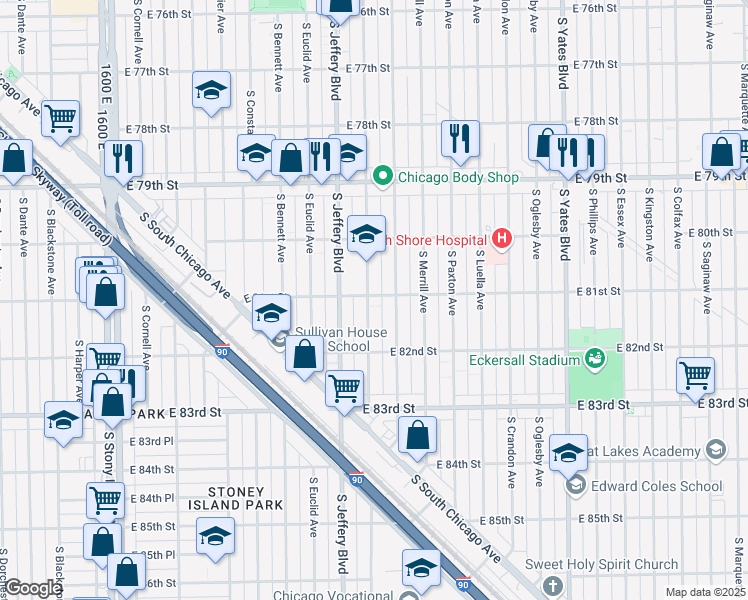 map of restaurants, bars, coffee shops, grocery stores, and more near 2035 East 81st Street in Chicago