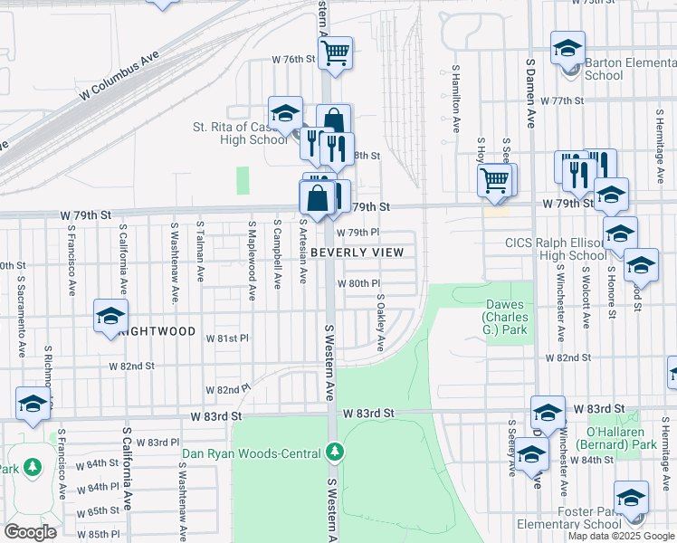 map of restaurants, bars, coffee shops, grocery stores, and more near 8001 South Western Avenue in Chicago