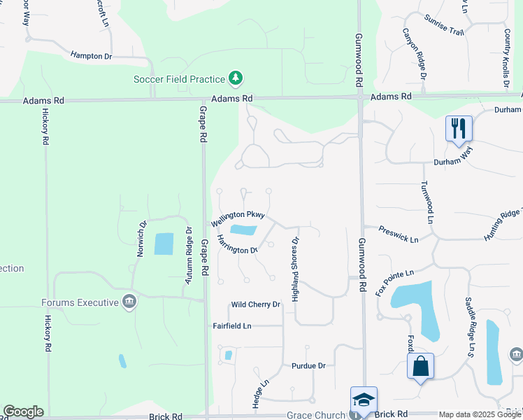 map of restaurants, bars, coffee shops, grocery stores, and more near 51330 Windsor Manor Court in Granger