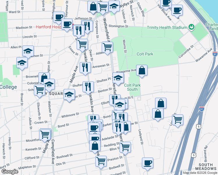 map of restaurants, bars, coffee shops, grocery stores, and more near 16 Benton Street in Hartford