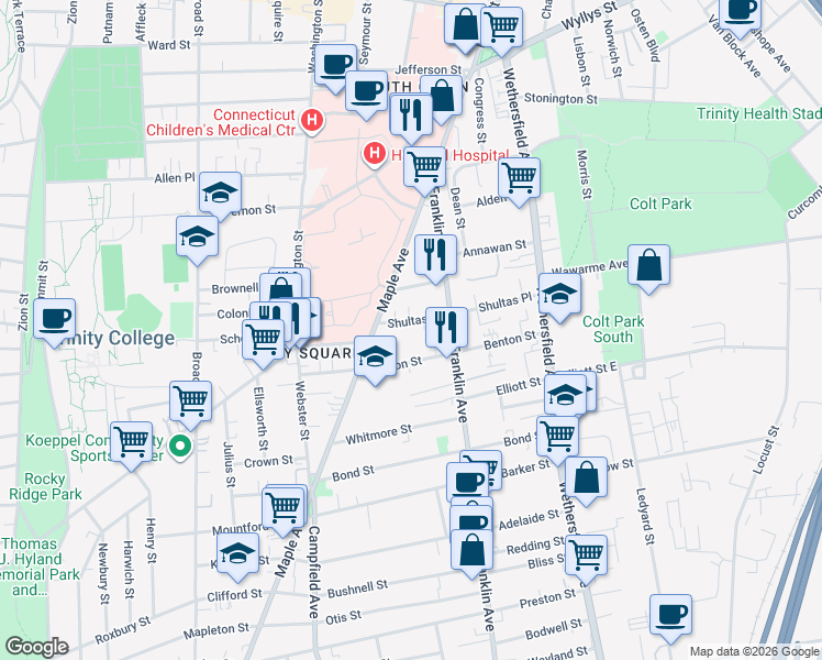 map of restaurants, bars, coffee shops, grocery stores, and more near 134 Shultas Place in Hartford