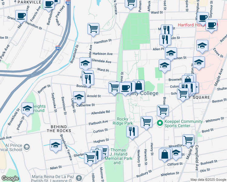 map of restaurants, bars, coffee shops, grocery stores, and more near 9 Bonner Street in Hartford