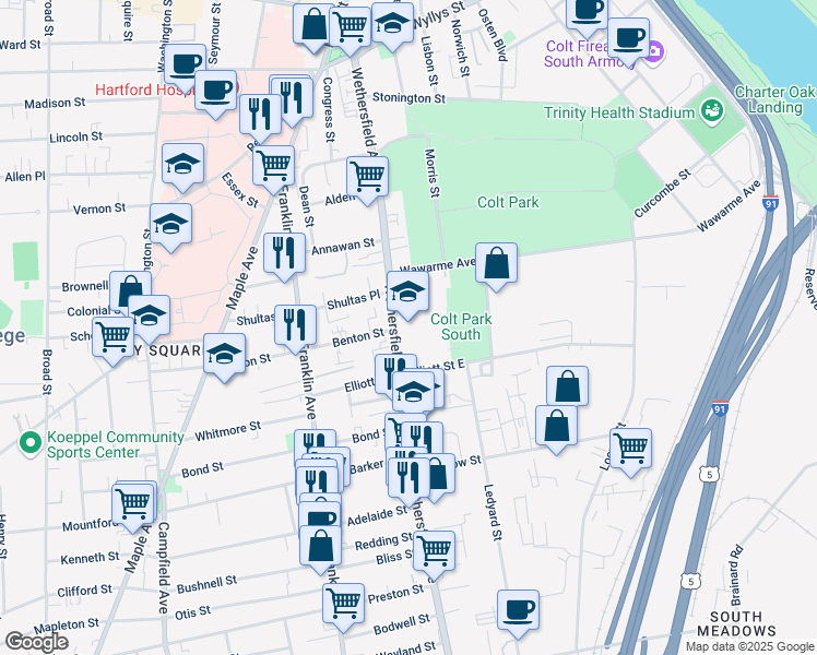 map of restaurants, bars, coffee shops, grocery stores, and more near 300 Wethersfield Avenue in Hartford