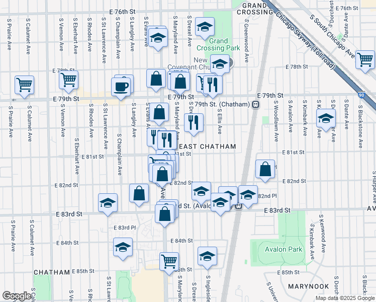 map of restaurants, bars, coffee shops, grocery stores, and more near 8054 South Drexel Avenue in Chicago