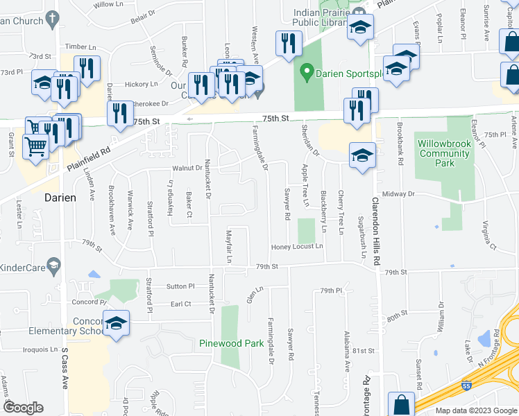 map of restaurants, bars, coffee shops, grocery stores, and more near 7715 Sussex Creek Drive in Darien