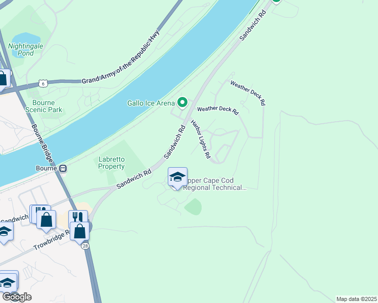 map of restaurants, bars, coffee shops, grocery stores, and more near 108 Admirals Way in Bourne