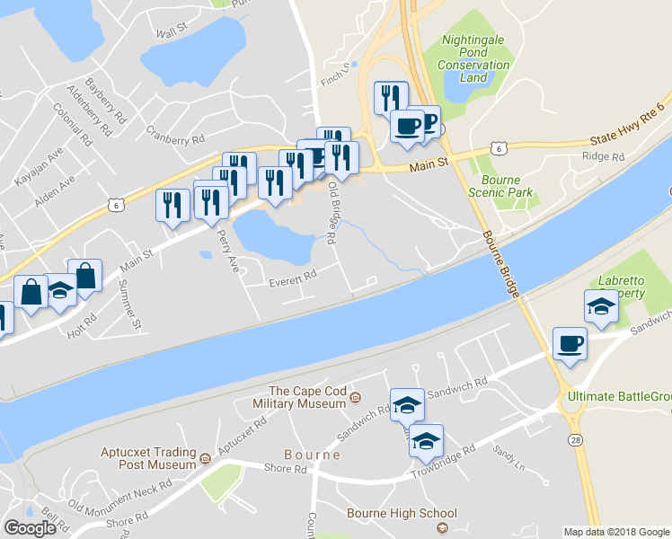 map of restaurants, bars, coffee shops, grocery stores, and more near 31 Old Bridge Road in Bourne