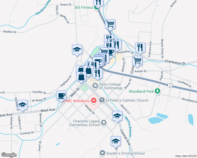map of restaurants, bars, coffee shops, grocery stores, and more near 11 Pearl Street in Wellsboro