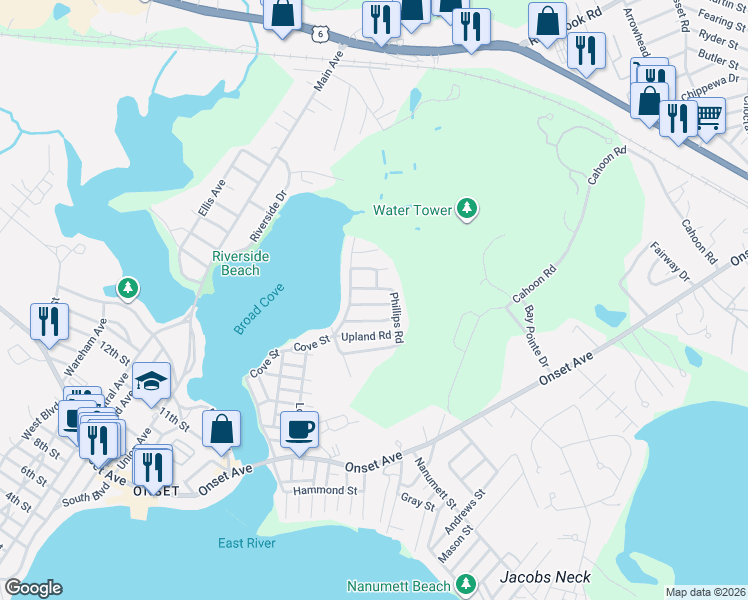 map of restaurants, bars, coffee shops, grocery stores, and more near 12 Wellington Road in Wareham