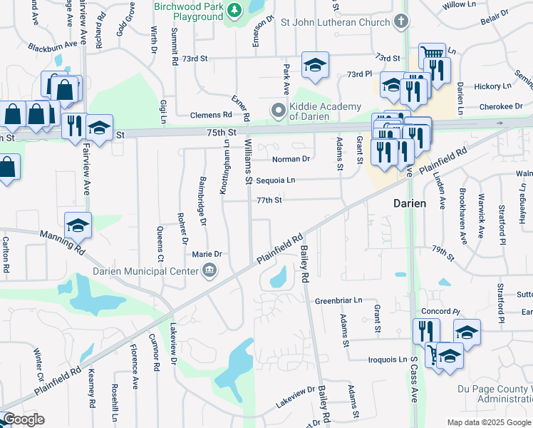 map of restaurants, bars, coffee shops, grocery stores, and more near 1518 Hawthorne Place in Darien