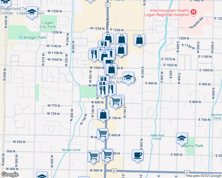 map of restaurants, bars, coffee shops, grocery stores, and more near 890 Main Street in Logan