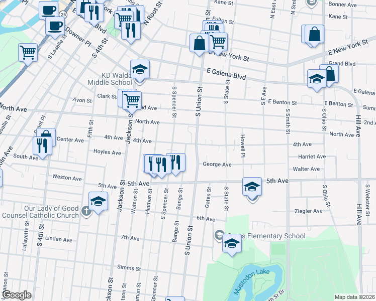 map of restaurants, bars, coffee shops, grocery stores, and more near 410 Bangs Street in Aurora