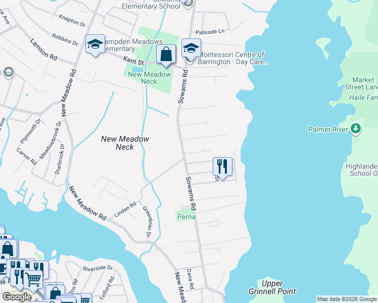 map of restaurants, bars, coffee shops, grocery stores, and more near 6 Burr Avenue in Barrington