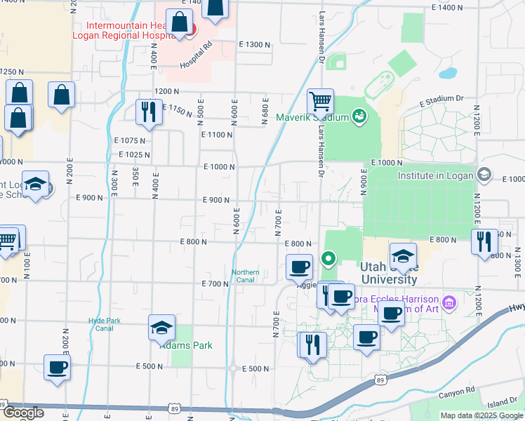 map of restaurants, bars, coffee shops, grocery stores, and more near 672 East 900 North in Logan
