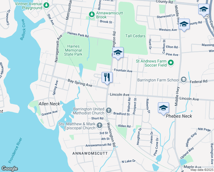 map of restaurants, bars, coffee shops, grocery stores, and more near 177 Washington Road in Barrington