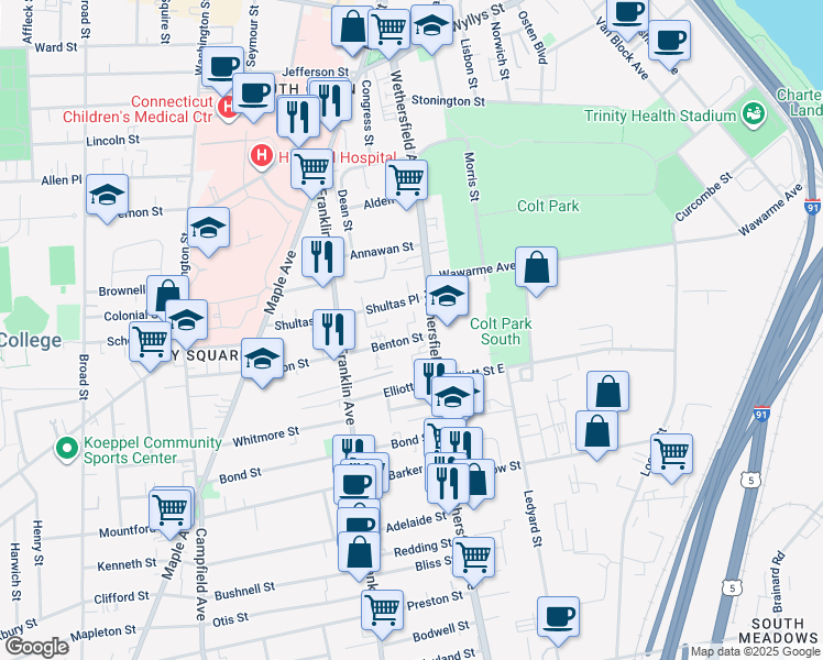 map of restaurants, bars, coffee shops, grocery stores, and more near 28 Benton Street in Hartford