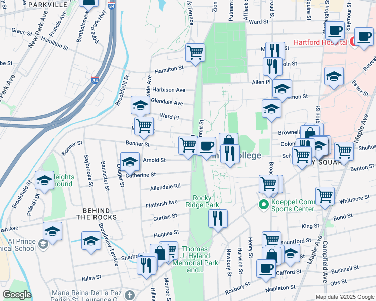 map of restaurants, bars, coffee shops, grocery stores, and more near 9 Bonner Street in Hartford