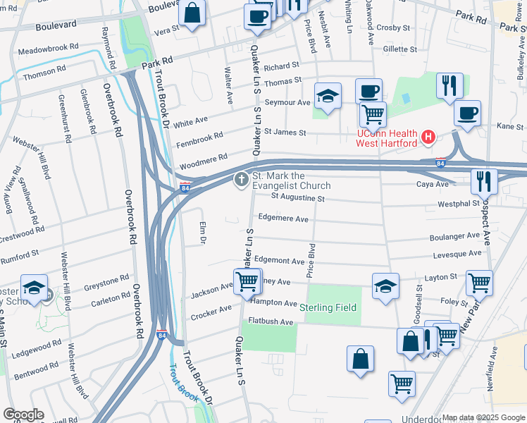 map of restaurants, bars, coffee shops, grocery stores, and more near 480 Quaker Lane South in West Hartford