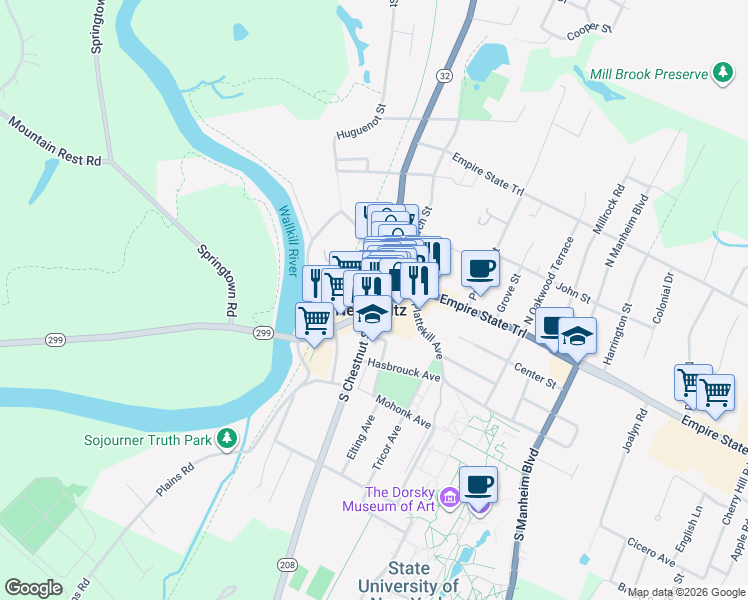 map of restaurants, bars, coffee shops, grocery stores, and more near in New Paltz