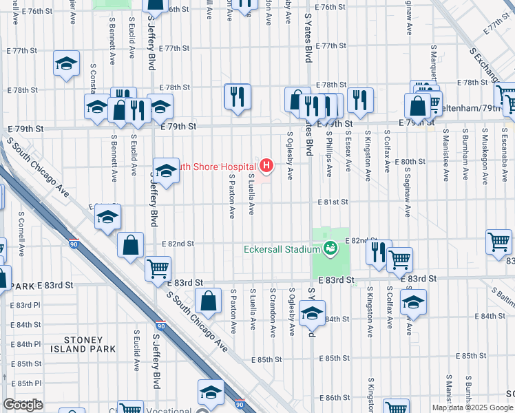map of restaurants, bars, coffee shops, grocery stores, and more near 8100 South Luella Avenue in Chicago